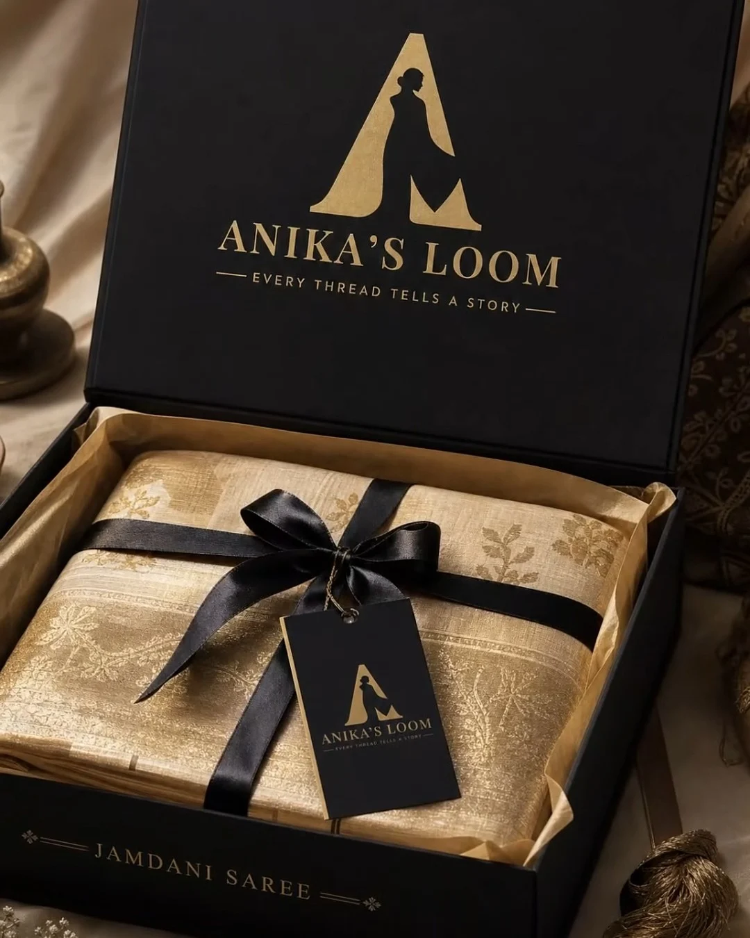 Anika's Loom gift box in black and gold