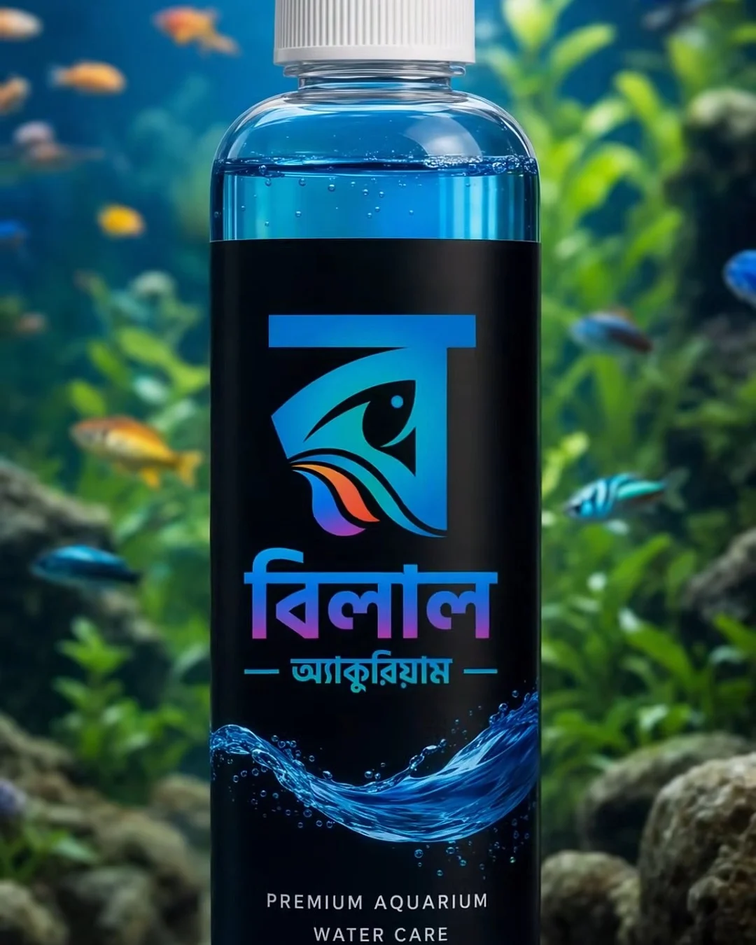 Bilal Aquarium logo on a water-conditioner bottle
