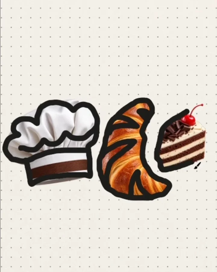 Chef's hat, croissant and cake traced into one emblem