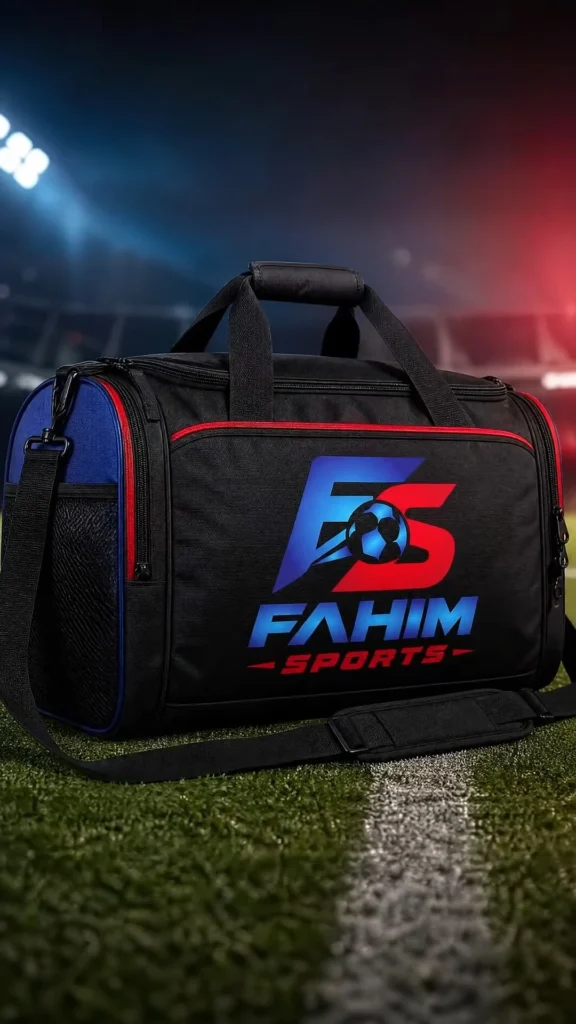 Fahim Sports logo on a sports kit bag