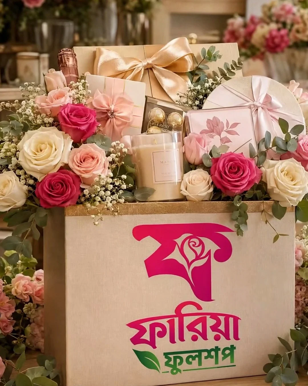 Faria Flower Shop logo on a gift box among fresh flowers