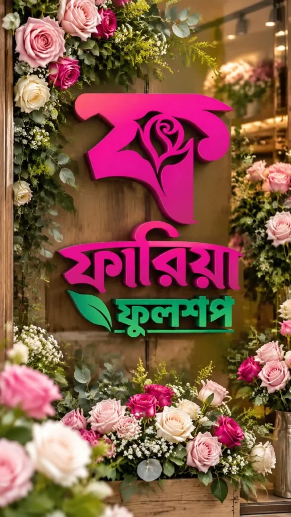 Faria Flower Shop sign on a wall of flowers