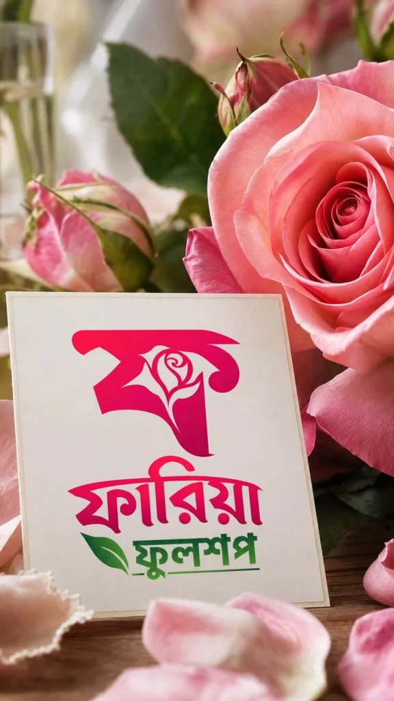 Faria Flower Shop card among pink roses