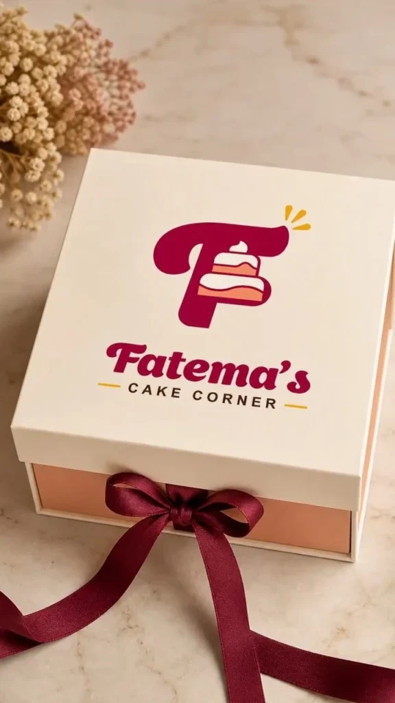Fatema's Cake Corner gift box with a ribbon