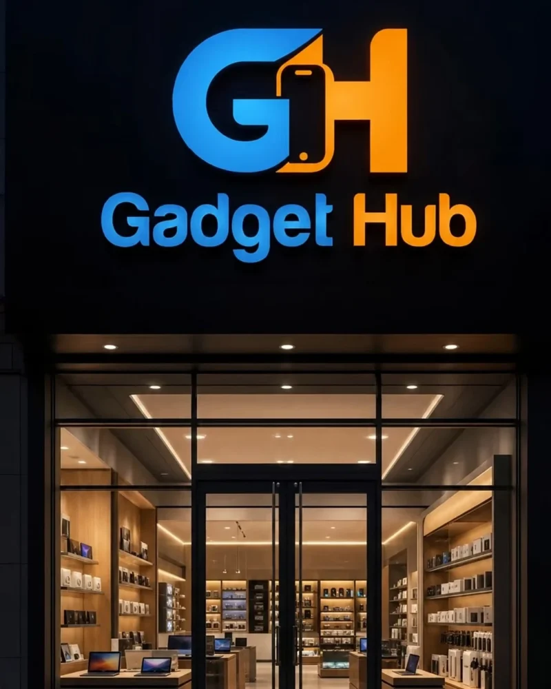 Gadget Hub shop front at night