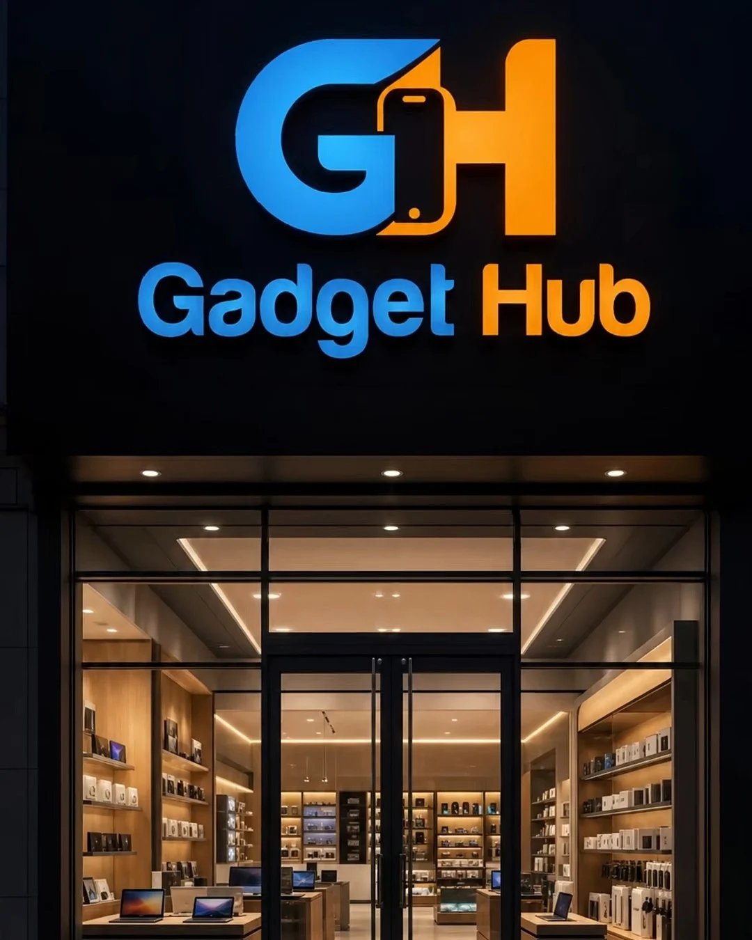Gadget Hub shop front at night