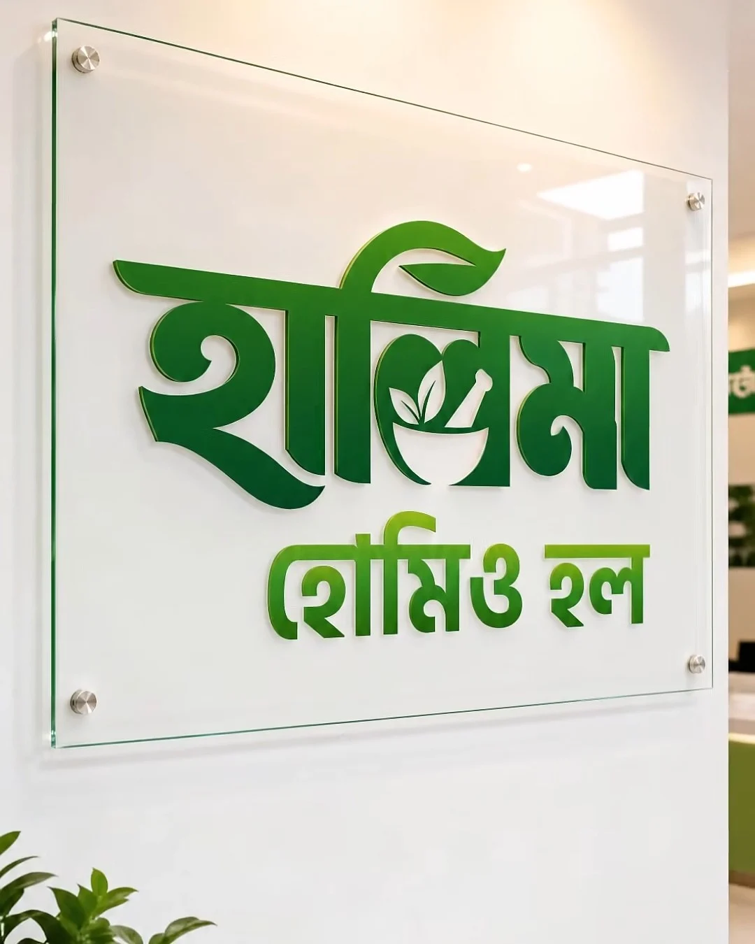 Halima Homeo Hall logo on a reception wall