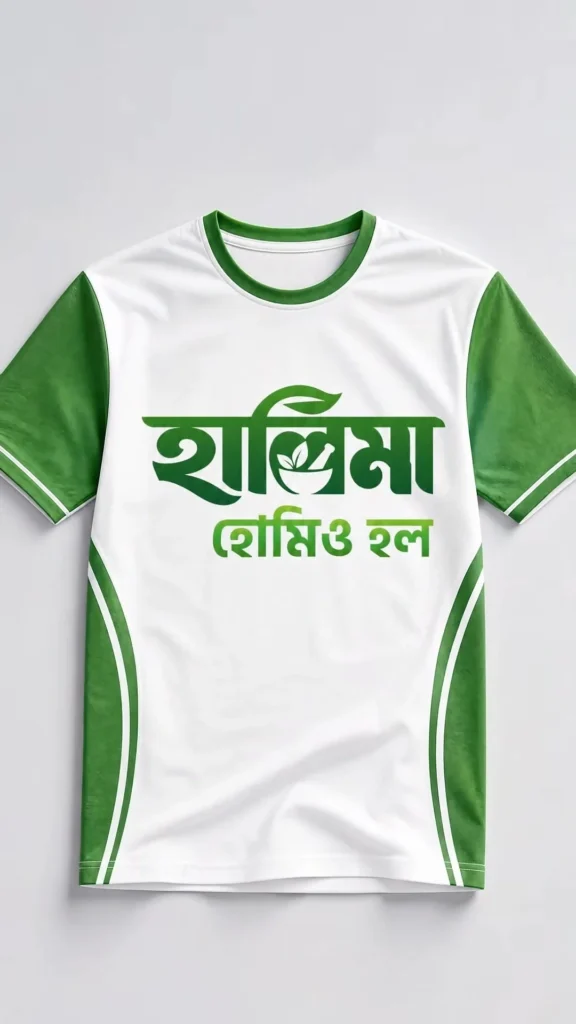 Halima Homeo Hall logo on a green and white T-shirt