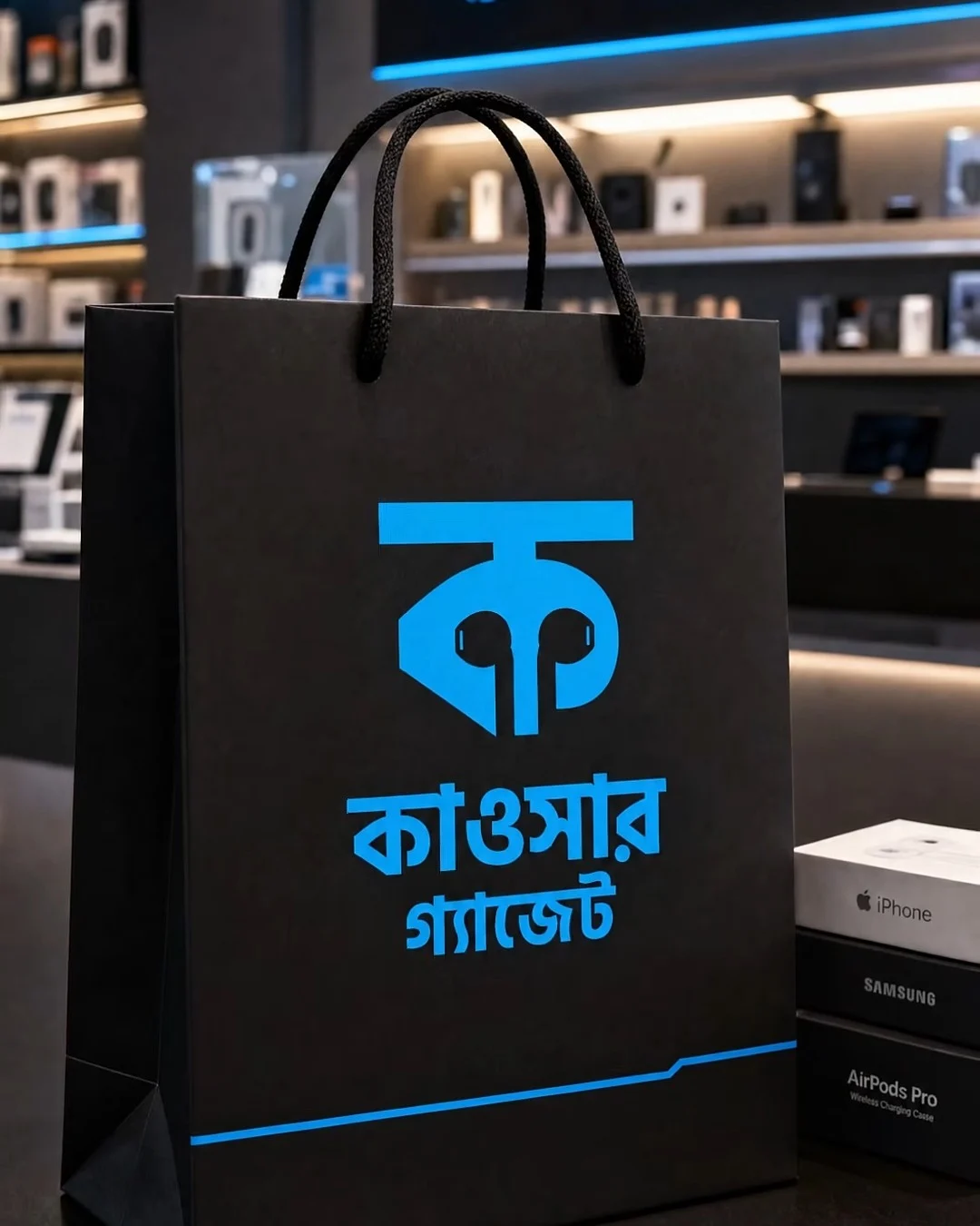 Kawsar Gadget logo on a black shopping bag