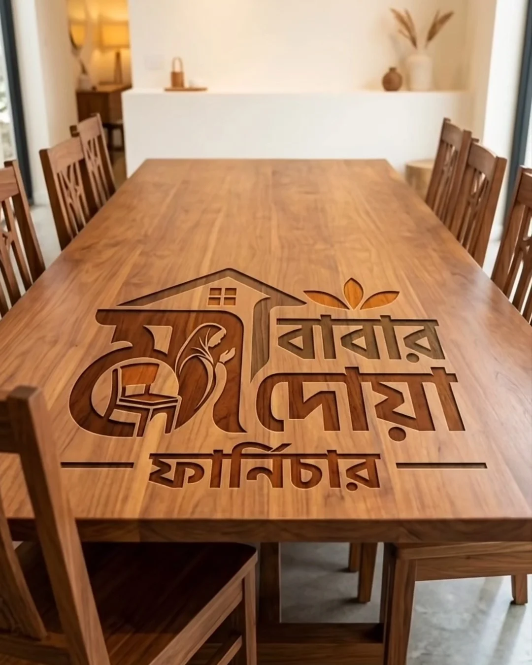 Ma Babar Doa Furniture logo engraved on a wooden table