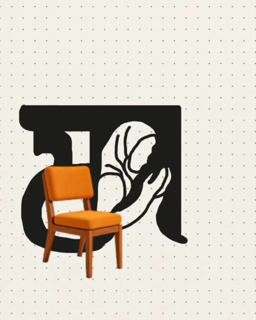 Praying hands and a chair traced into Bangla letters