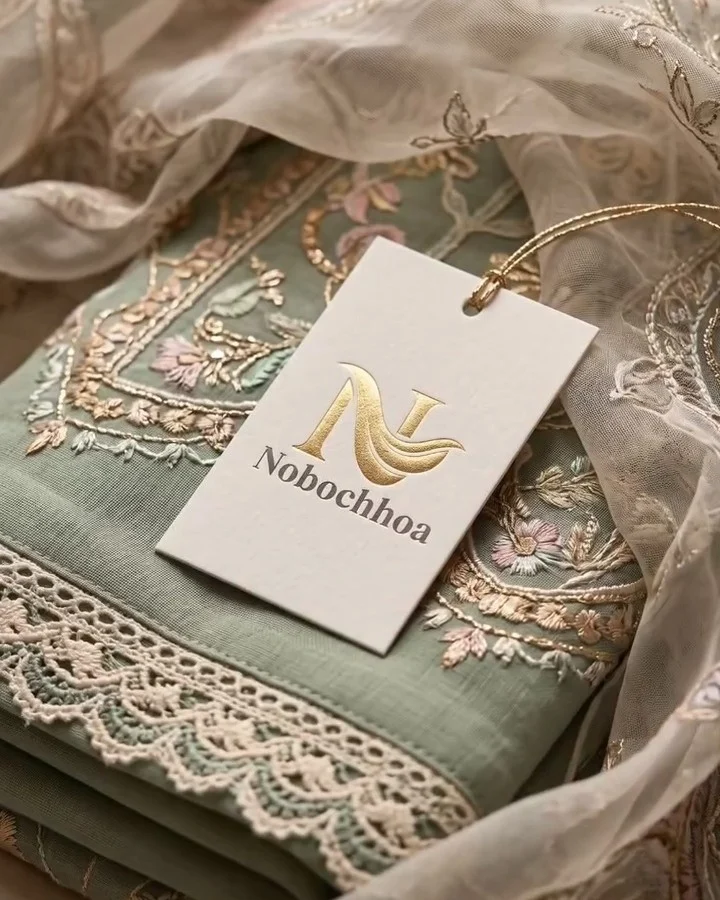 Nobochhoa swing tag on embroidered fabric