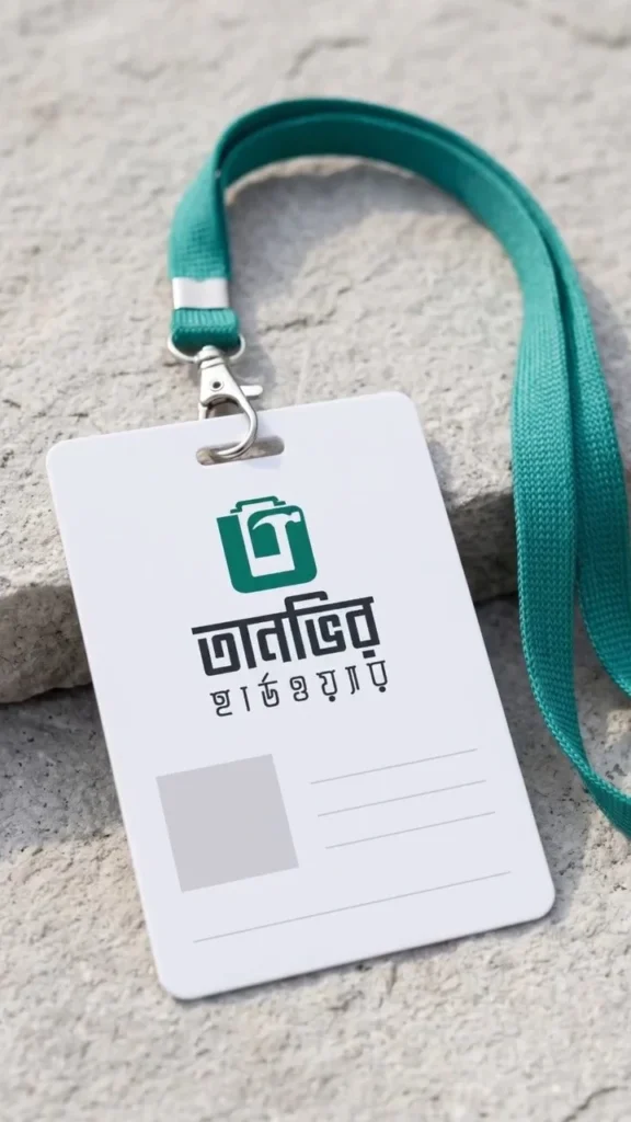 Tanvir Hardware staff ID card on a lanyard