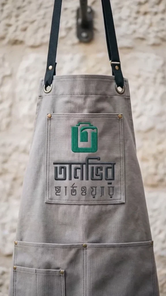 Tanvir Hardware logo on a canvas work apron