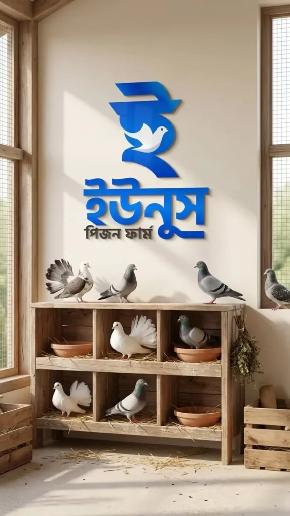 Yunus Pigeon Farm logo above pigeon lofts
